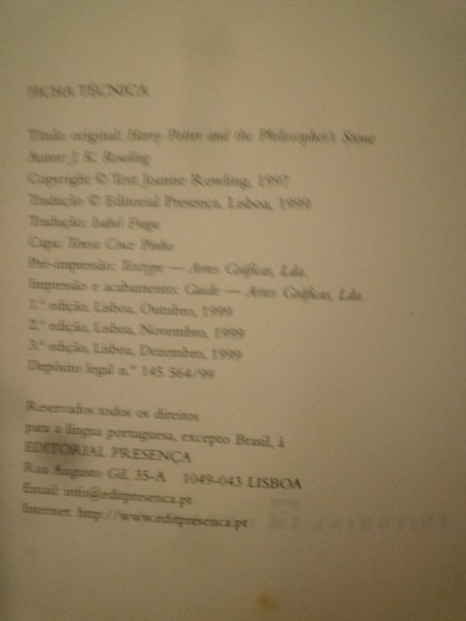 Harry Potter e a Pedra Filosofal  3ª Edição de 1999 Editorial Presença