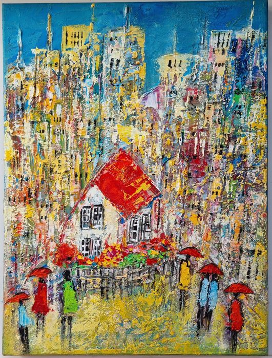 MIASTO obraz olejny 30x40 faktura farby RÓŻNE