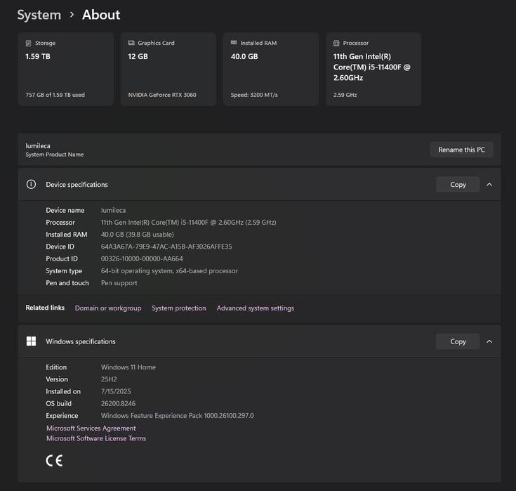 Desktop i5 11400F, RTX 3060 12GB, 40GB RAM 3200