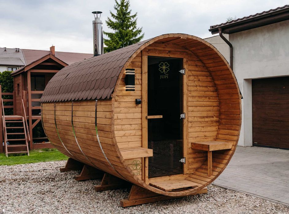 Sauna ogrodowa beczka 335cm z przedsionkiem piecem i oświetleniem LED