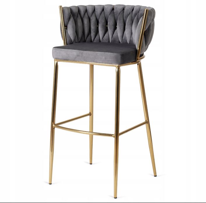 Хокер Барний стілець зі спинкою Плетені Золоті Ноги Велюровий Сірий