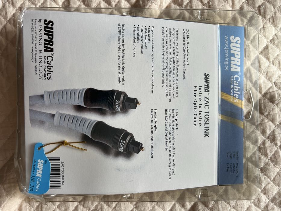 Kabel optyczny SPDIF TOSLINK Supra ZAC 1m