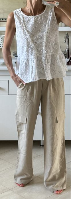 Włoska koszulka bluzka ażurowa z falbaną na ramiączkach boho