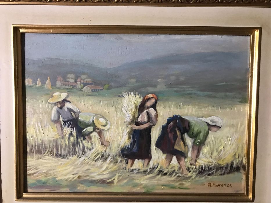 Ceifeiras pintura em tela de Alfredo Santos com moldura talha dourada