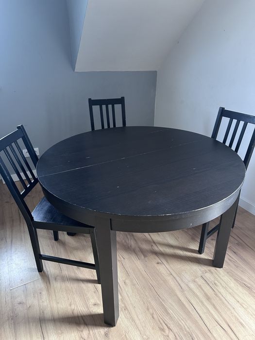 Stół drewniany okrągły Ikea Bjursta czarny + krzesła