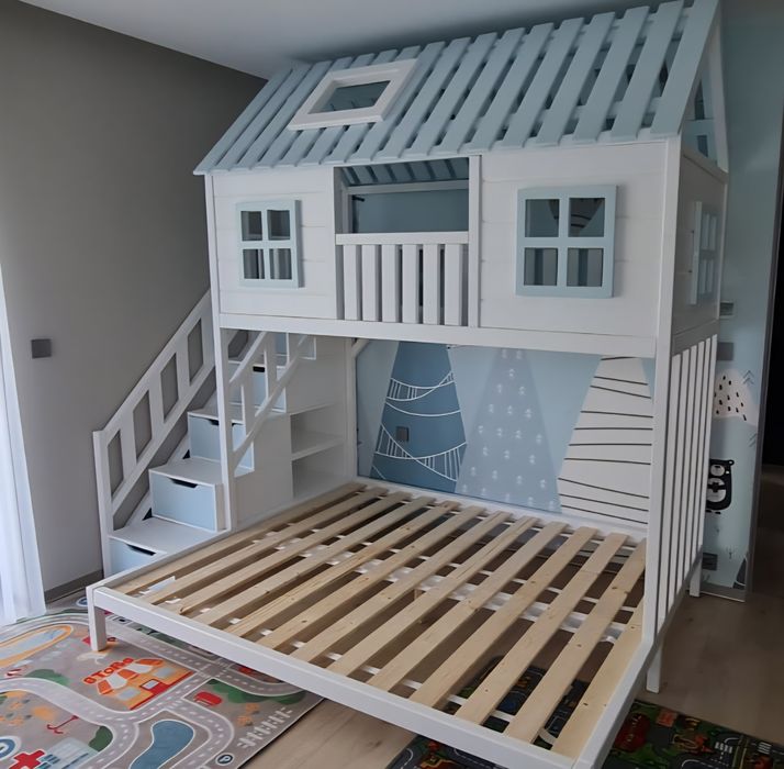 Łóżko piętrowe drewniane domek 160x200