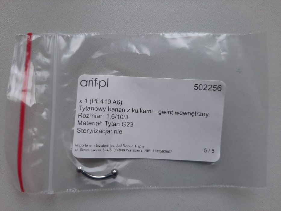 Kolczyk typu banan tytan chirurgiczny g23 srebrny 10 mm nowy arif