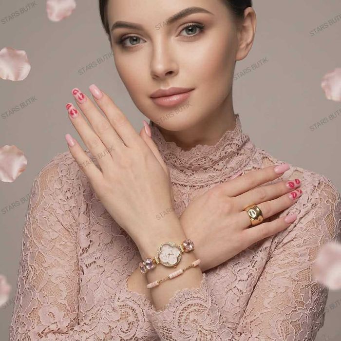 Zegarek damski glamour różowe kryształki koniczynka cyrkonie stal hit