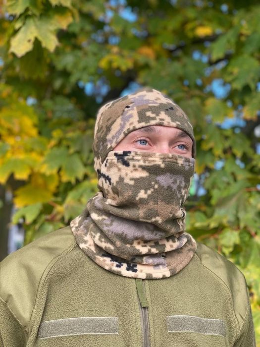 Флісова Балаклава мультикам, піксель, чорна, олива/хакі зимова