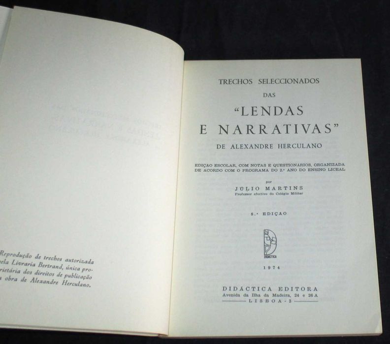 Livro Trechos Seleccionados das Lendas e Narrativas de Herculano