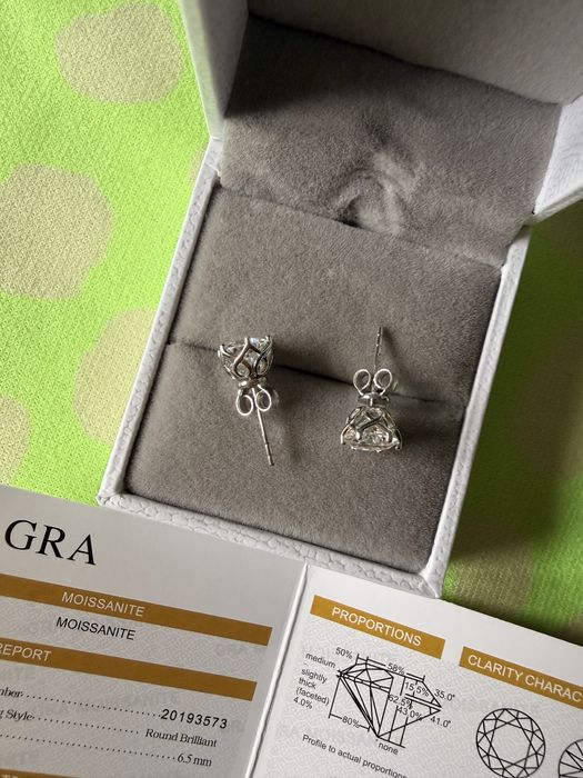 Srebrne 925 Kolczyki sztyfty diamenty Moissanite 1 ct 6,5 mm GRA