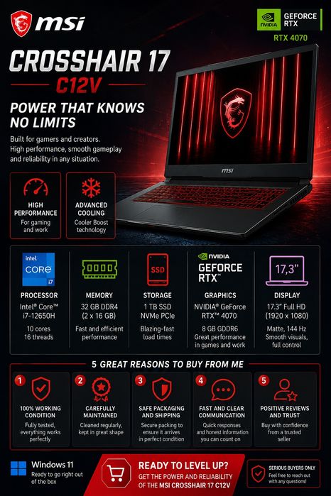 Laptop MSI Crosshair 17 C12V i7-12650H/32GB/1TB RTX 4070 - Windows 11