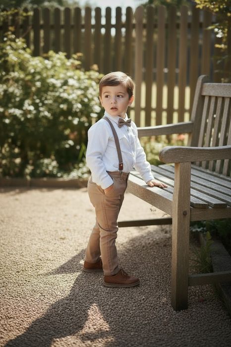 Elegancki komplet chłopięcy 9 lat | beżowy | koszula + spodnie + mucha