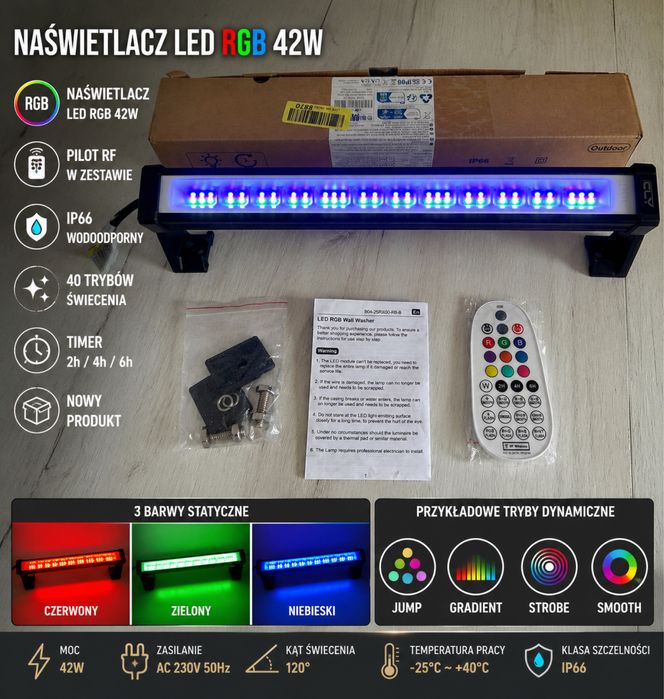 Naświetlacz LED RGB 42W IP66 pilot zdalny sterowanie CLY