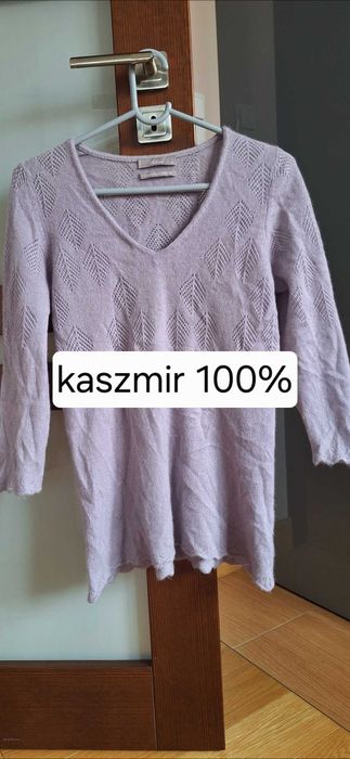 Sweter L kaszmir 100% wzór,fiolet,rękaw 3/4 OKAZJA!