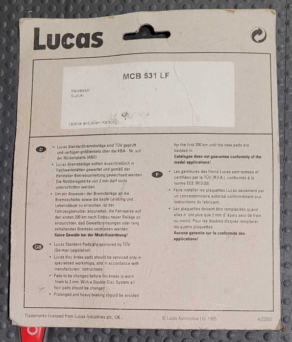 Klocki hamulcowe LUCAS MCB531LF kpl. 2 szt., do motocykli Kawasaki, Suzuki