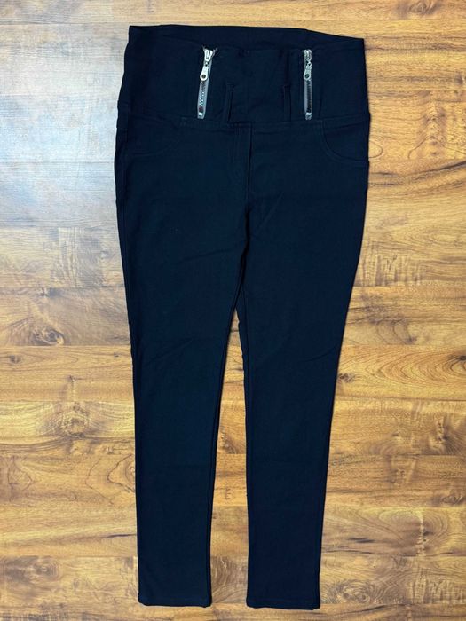 Legginsy eleganckie z zamkami wysoki stan high granatowe spodnie M 38