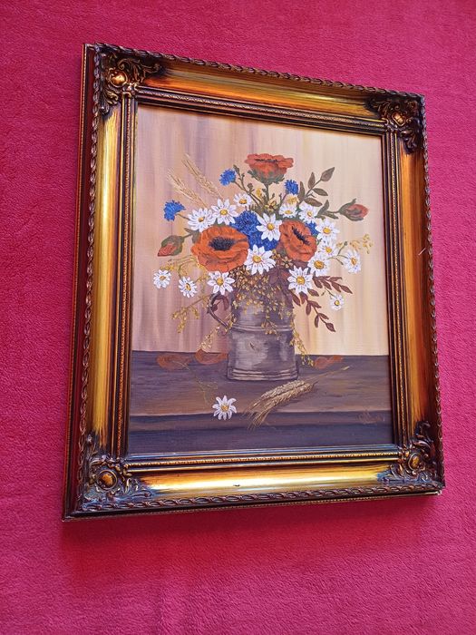 Stary obraz na płótnie sygnowany Kwiaty