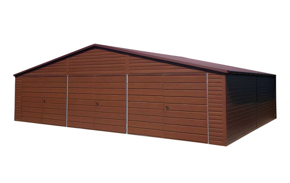 Garaż blaszany 9x6 m – dwuspadowy, złoty dąb, montaż w cenie