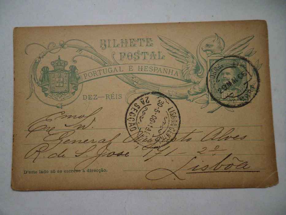 Bilhete Postal ano 1906 , selado, 10 Reis D. Carlos