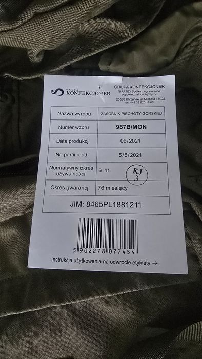 Plecak wojskowy 987B/MON zasobnik piechoty górskiej WP