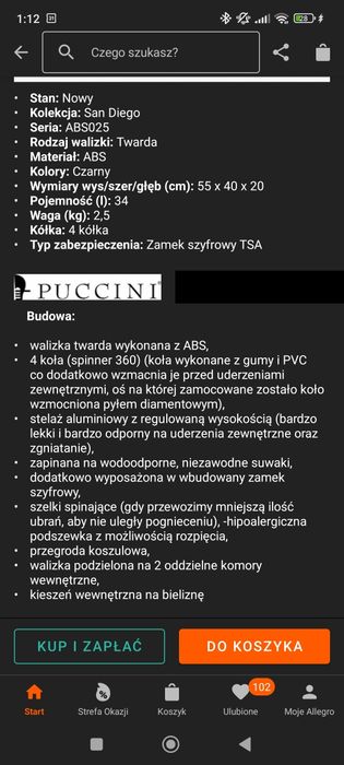 Walizka kabinowa Puccini 34L  55x40x20