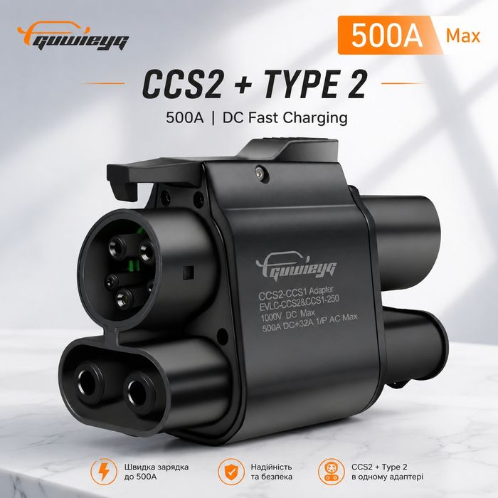 Перехідник CCS2 на CCS1 Guwieyg 500A 250 кВт + Type 1 AC 32A | DC Fast Charge | Адаптер для електромобілів США | 1000V