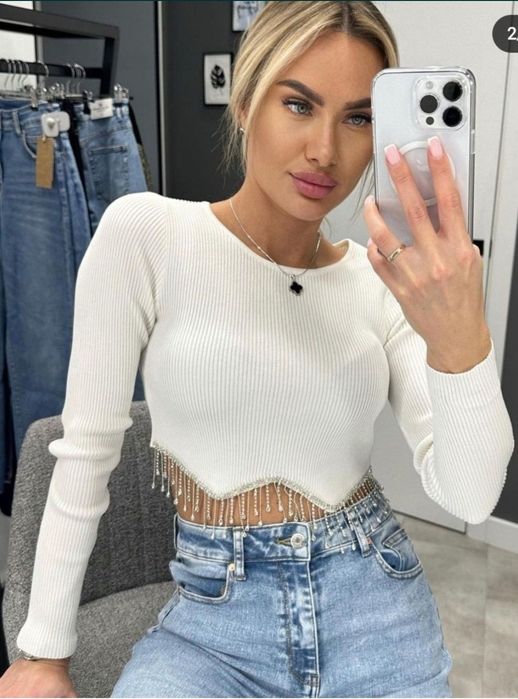 Белая нарядная кофточка топ с камнями Zara