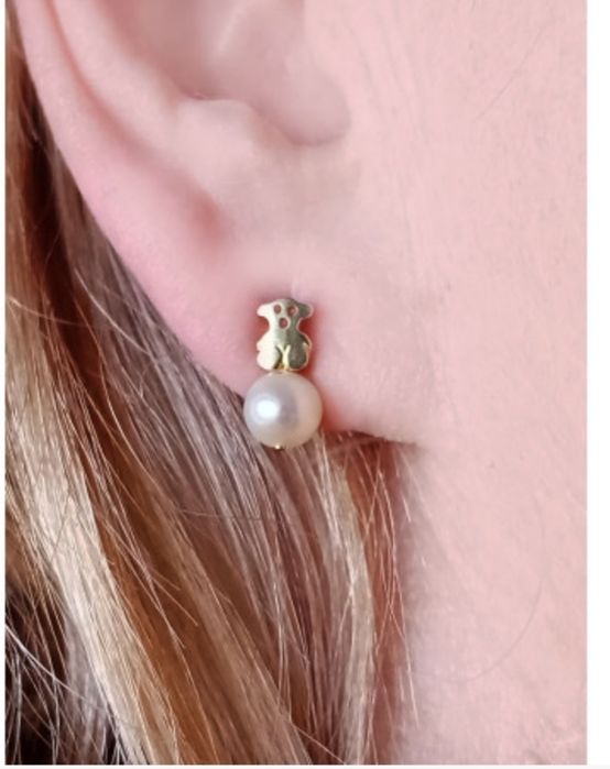 Kolczyki z misiem różowe srebro vermeil 925 z perłą