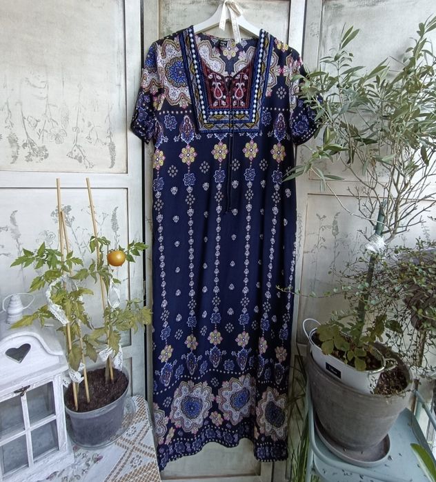 L biust 52x2 długa boho folk z haftem sukienka paisley hippie