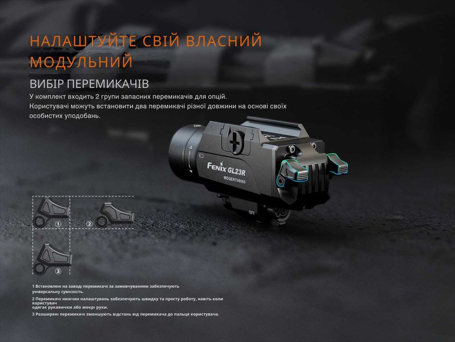 Fenix GL23R Ліхтар до Пістолета з Лазером 1200 Люмен, ГАРАНТІЯ 5 РОКІВ