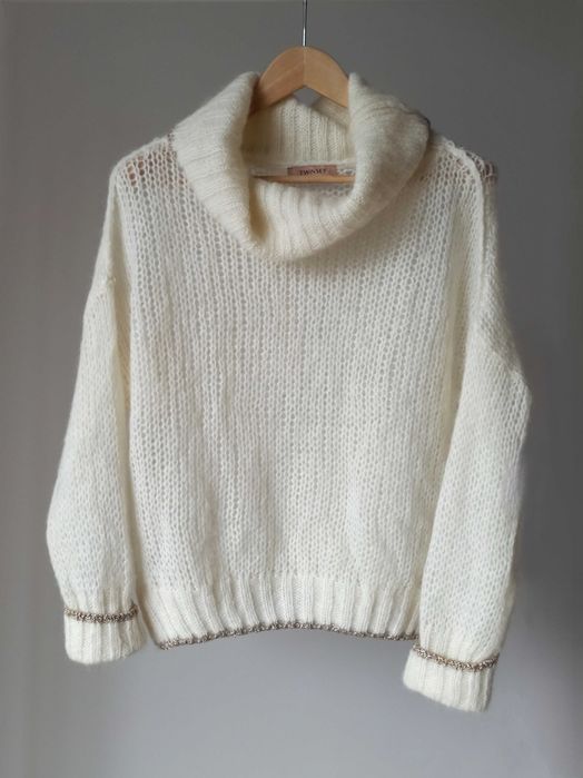 Twinset Milano kremowy golf sweter z moherem i wełną XS S