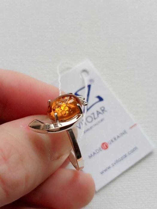 Кільце з янтарем, срібло 925 + золото 375, натуральний бурштин