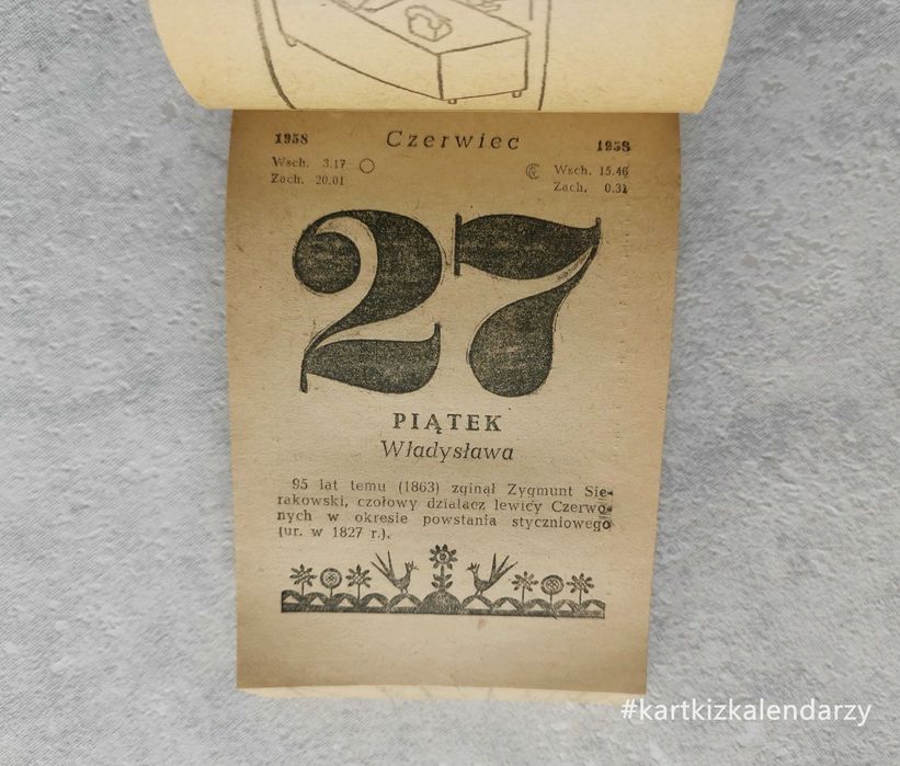 Kartka z kalendarza 1958 - oryginalna