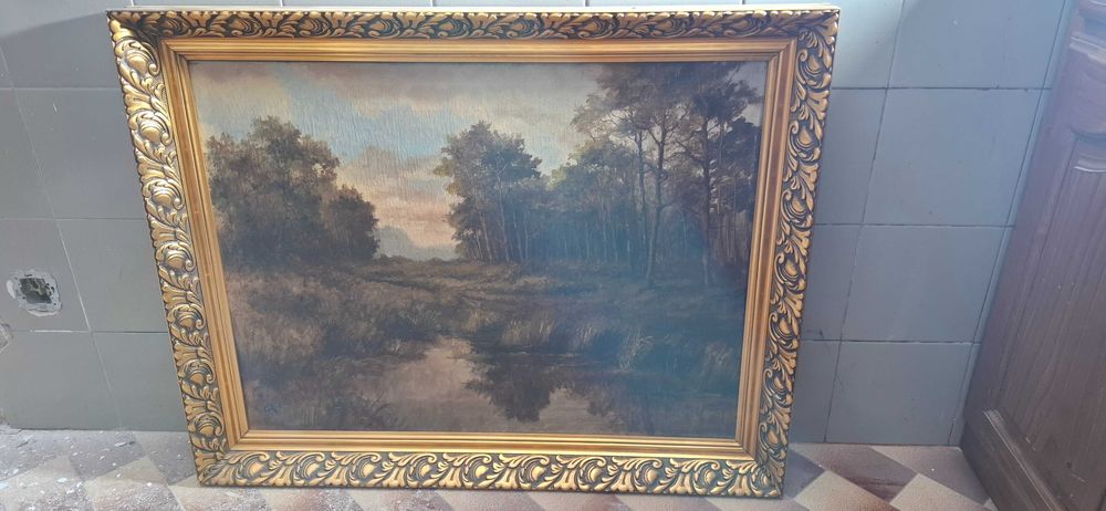 Quadro Paisagem a Óleo sobre Tela com Moldura Dourada Clássica