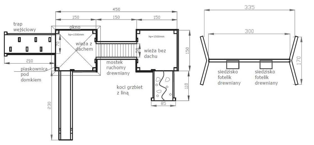 Plac zabaw drewniany domek, mostek, huśtawki, zjeżdżalnia