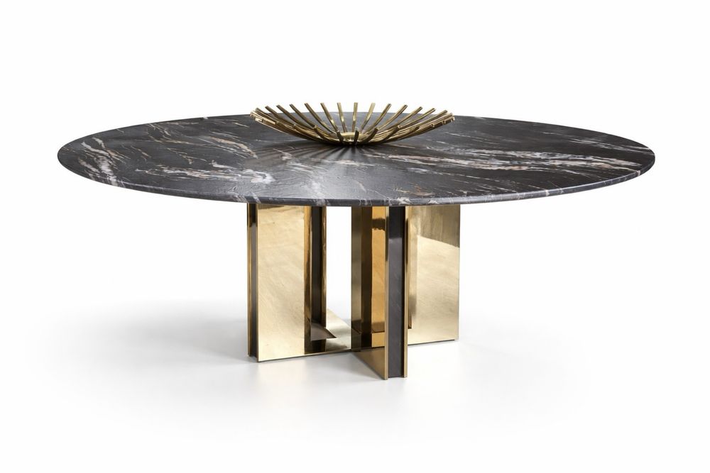 Mesa de jantar em quartzito natural Belvedere Leather com base em inox.
