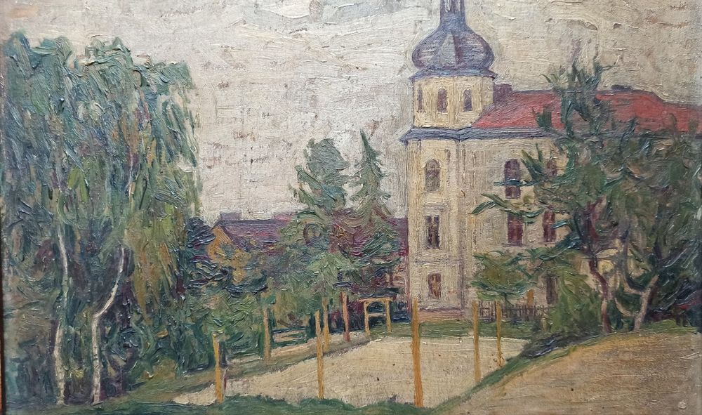 Stary obraz olejny - Architektura / Dworek - Przedwojenny - Klimat