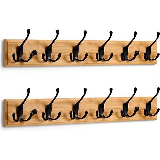 Cabide de parede em madeira e níquel mate - 4 ganchos triplas - 42 cm