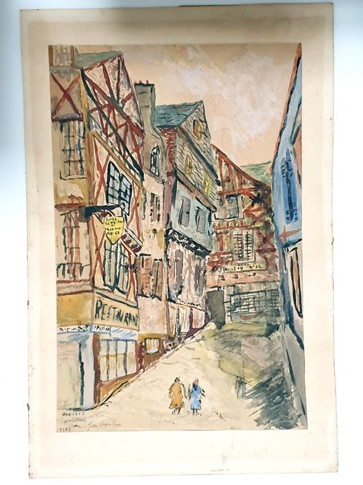 Vintage watercolor painting – 1957 landscape of the French town Morlaix
