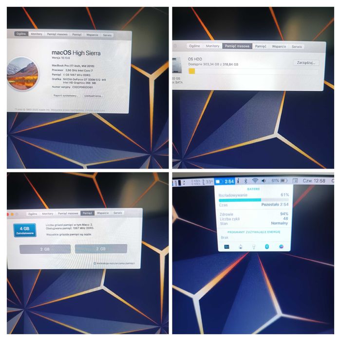  Apple MacBook Pro 17" A1297 i7 Mac OS HDD 320GB