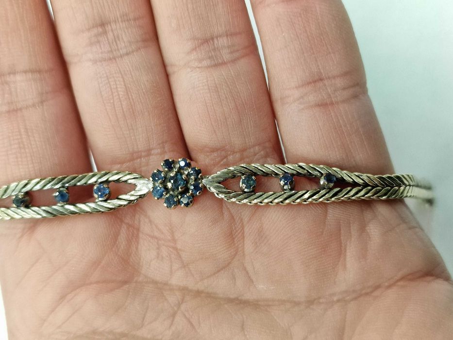 Złota bransoletka damska/ 585/ 14.94 gram/ 19cm/ 15x Szafir/ białe zło