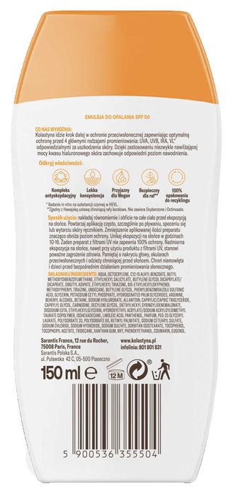 Emulsja do opalania Kolastyna SPF50 150ml Hyaluron wysoko wodoodporna