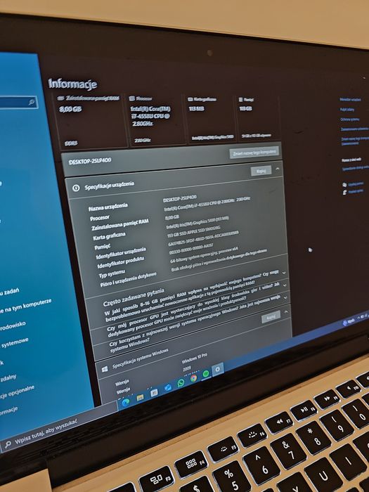 Laptop macbook pro A1502 na windows 10 pro