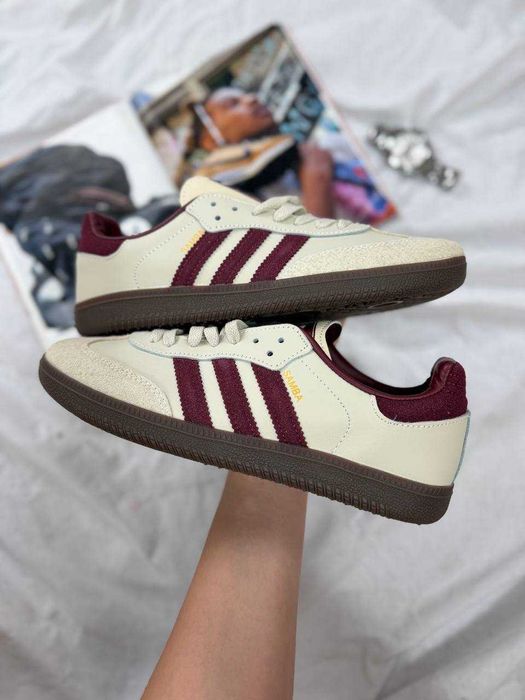 Кросівки Adidas Samba OG Beige Red / Бежеві кеди з бордовими смужками (36-41)