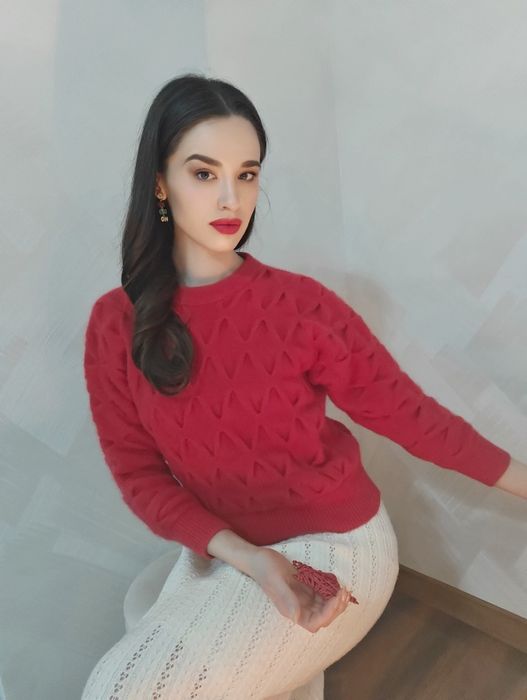 Gruby czerwony sweter Lambs wool angora rabbit hair knitwear