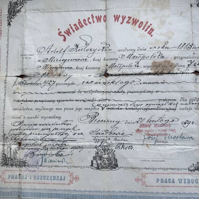 Stary Dokument Świadectwo Wyzwolin Brzeżany 1927 rok Kresy