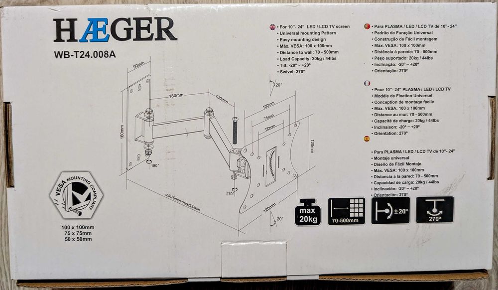 Suporte TV HÆGER Articulado Inclinável 10"-24"
