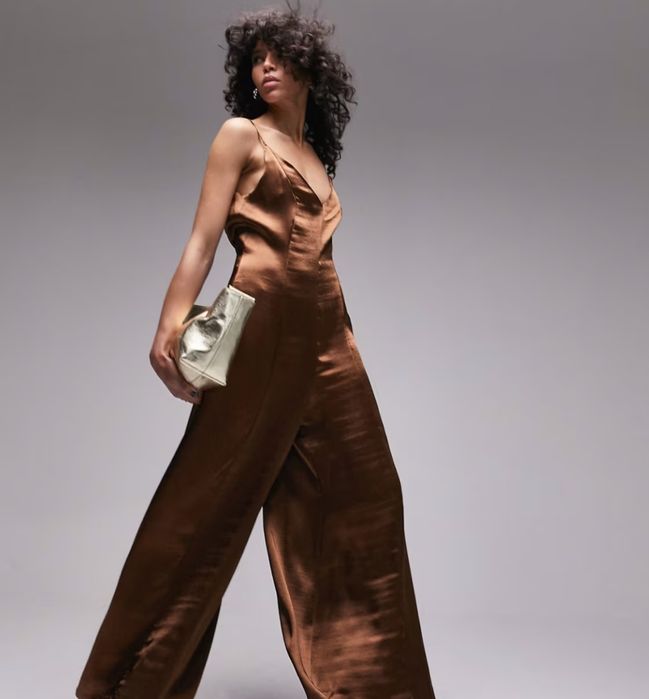 OKAZJA piękny taliowany Kombinezon satynowy spodnie sukienka 36 s m 38