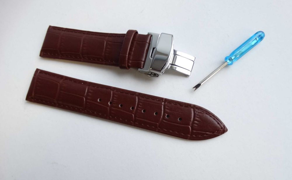 Pasek skórzany do zegarka brązowy 22mm z klamrą zapięciem motylkowym